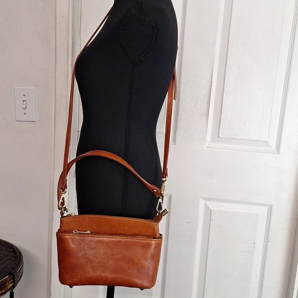 Classic Tan Leather Crossbody Bag with Gold Hardware